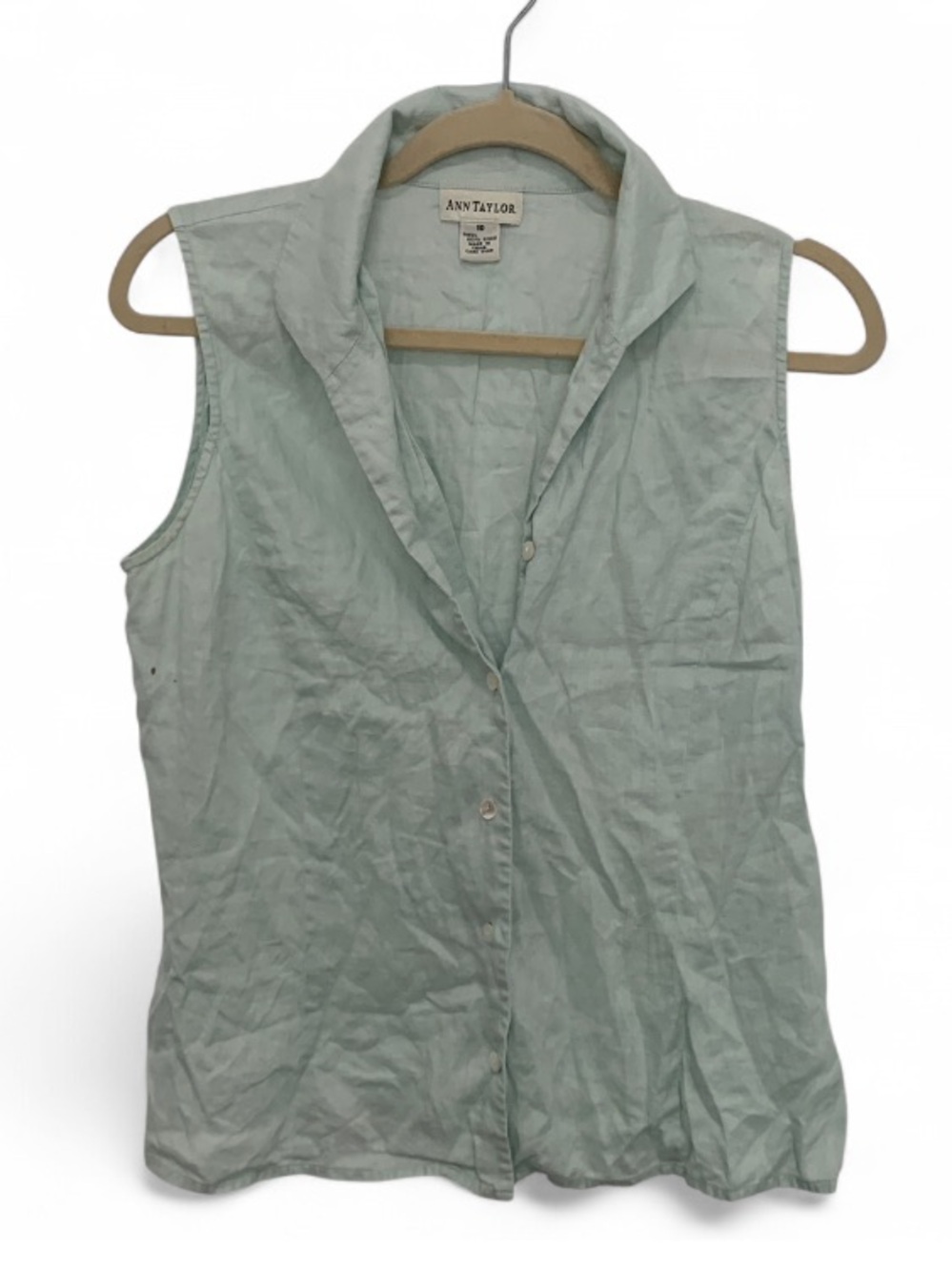 Y2K Ann Taylor 100% Linen Sleeveless Button-Down Top in Light Mint